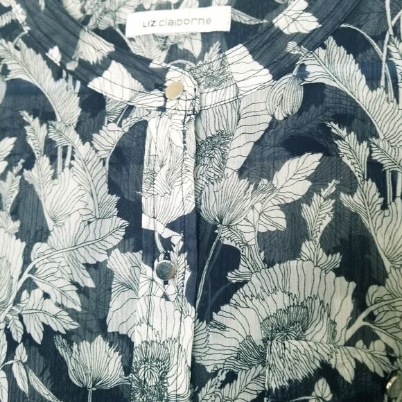 Liz Claiborne Navy White Floral Sheer Button Up Long Slv Size See Measurement's - Picture 7 of 8